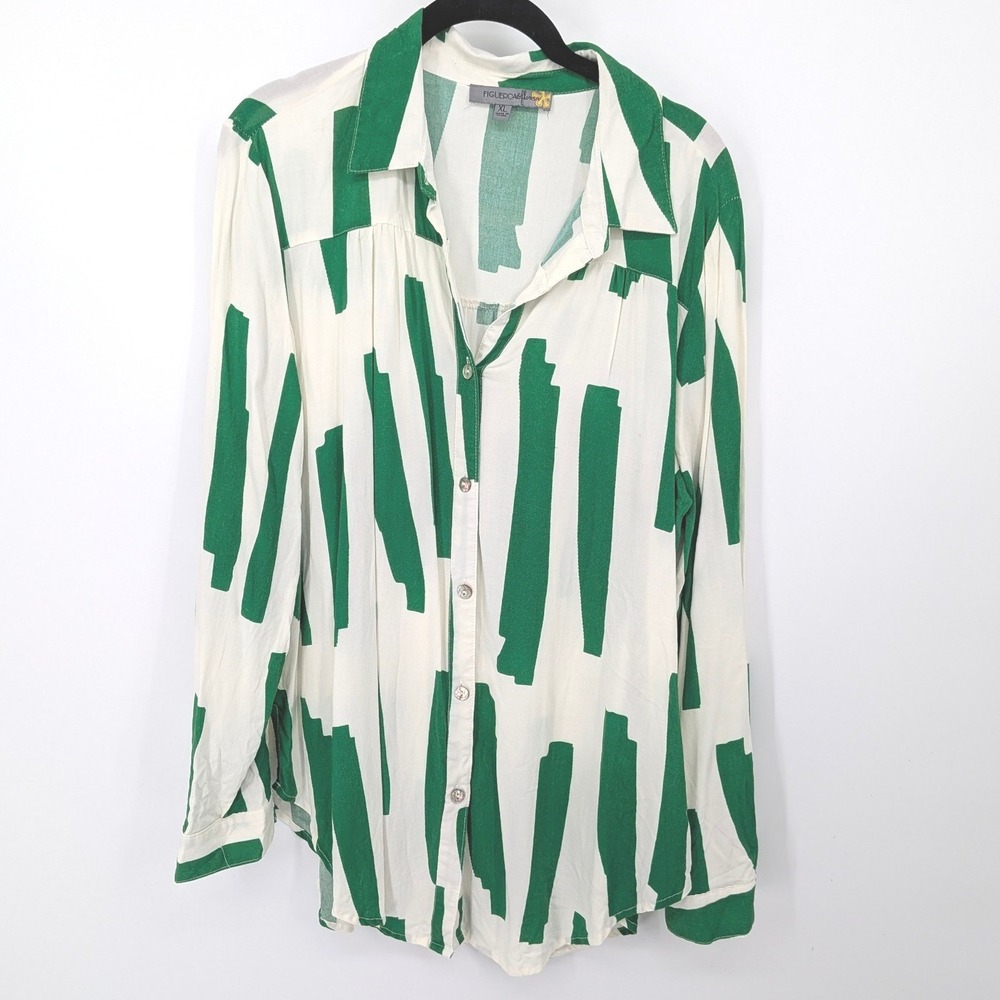 Figueroa & Flower Button Front Shirt Women XL Green White Abstract Rayon Office